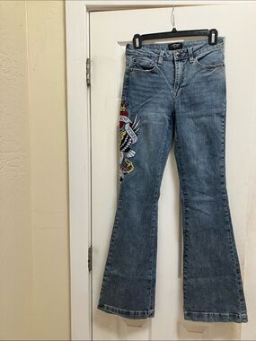 Ed Hardy Light Blue Flare Jeans with Multicolor Side Embroidery